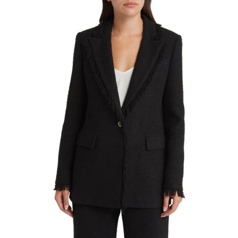 Ted Baker Womens Sz 6 US 14 Black Katyy Fringe Tweed Blazer Jacket Welt‎ Pockets